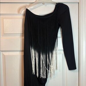 Chic Black and White Fringe Mini Dress One Sleeve Size L